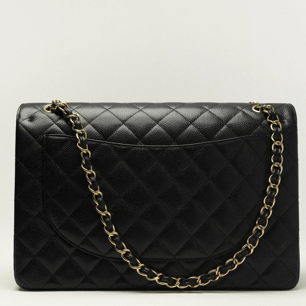 Rare! Chanel CC 24 kt Gold HW Classic Single Flap Bag Quilted BLACK Caviar JUMBO - Picture 2 of 16